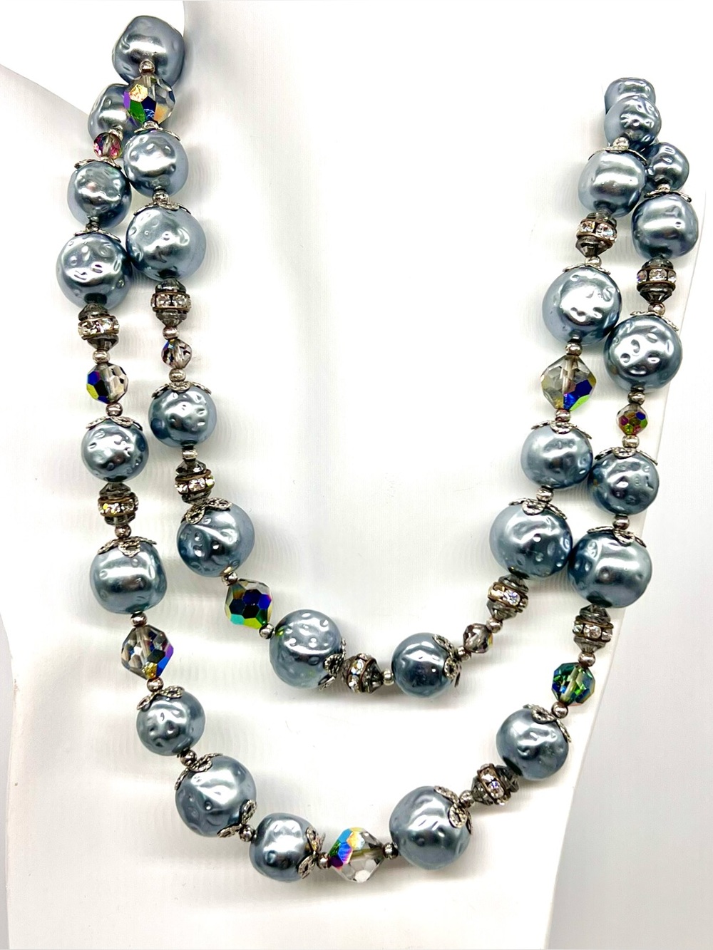 359. Vintage Ice Blue Baroque Faux Pearl and Faceted Carnival Glass Necklace